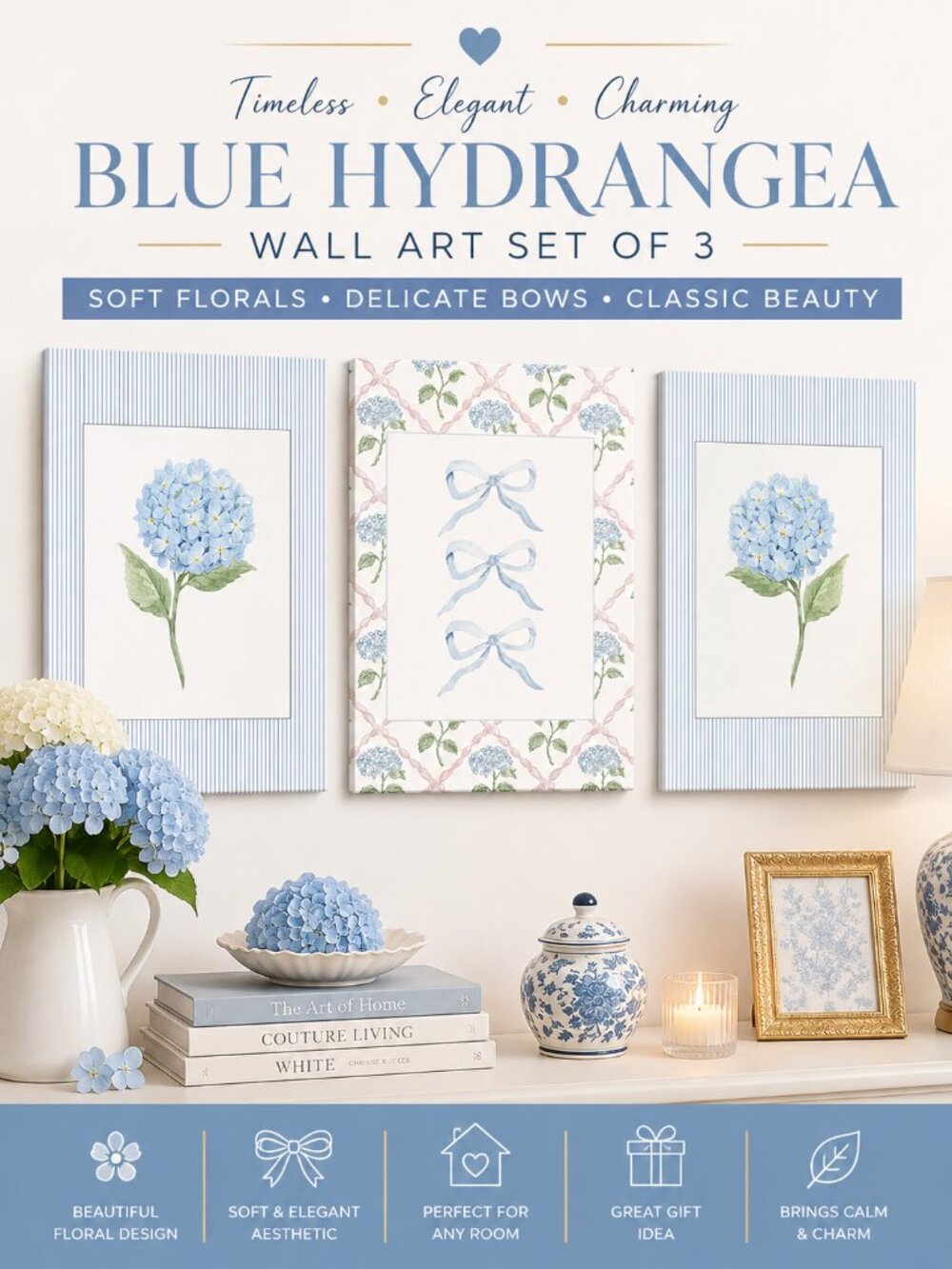 Blue Hydrangea Wall Art Set of 3 Canvas Prints Cottagecore Floral Bow Decor